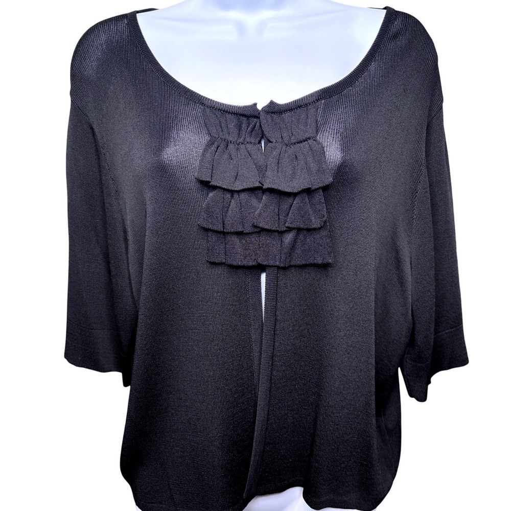 NWT SMITTEN x ANN TAYLOR Black Cardigan Sweater Sz L Ruffle Front Elbow Sleeve